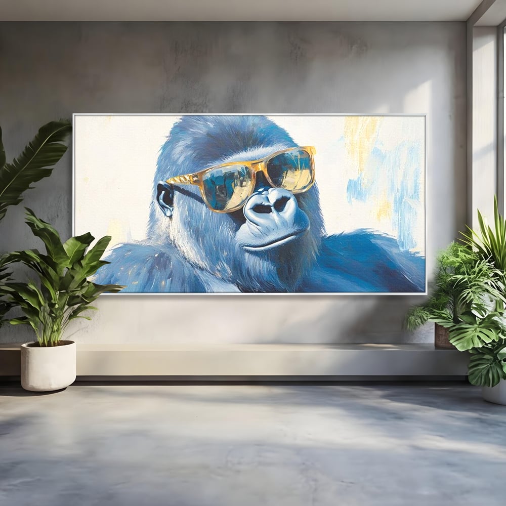 Tablou canvas cu pictura cu gorila purtand ochelari, in rama de aluminiu argintiu